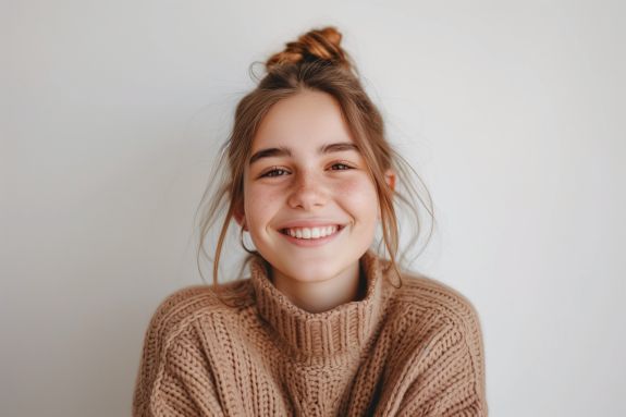 Junges Mädchen mit Dutt lächelt